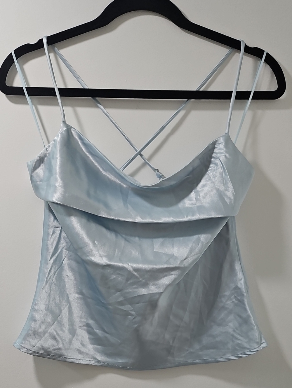Good Luck Gem Light Blue Satin Cowl Camisole with Crisscross Back